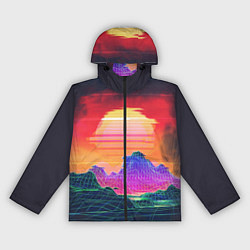 Ветровка с капюшоном женская Синтвейв неоновые горы на закате, цвет: 3D-черный