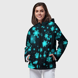Ветровка с капюшоном женская Неоновые снежинки на черном фоне, цвет: 3D-черный — фото 2