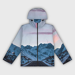 Ветровка с капюшоном женская Белые зимние горы с дорогой, цвет: 3D-черный
