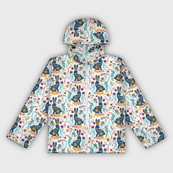 Ветровка с капюшоном женская Новогодний паттерн - Кролики и веточки, цвет: 3D-белый