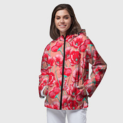 Ветровка с капюшоном женская Красные маки - паттерн, цвет: 3D-черный — фото 2