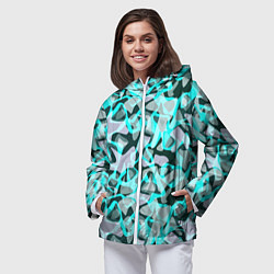 Ветровка с капюшоном женская Пятнистый абстрактный узор серый с бирюзовыми лини, цвет: 3D-белый — фото 2