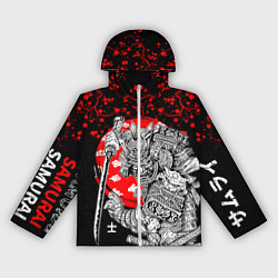 Ветровка с капюшоном женская Самурай и сакура на черном фоне, цвет: 3D-белый