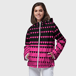 Ветровка с капюшоном женская Черные и розовые сердца узор, цвет: 3D-белый — фото 2