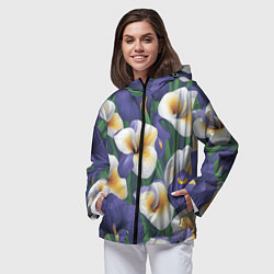 Ветровка с капюшоном женская Бело-голубые ирисы, цвет: 3D-черный — фото 2
