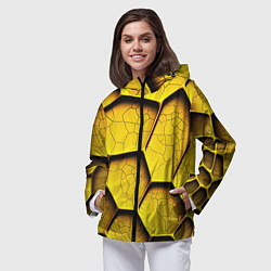 Ветровка с капюшоном женская Желтые шестиугольники с трещинами - объемная текст, цвет: 3D-черный — фото 2
