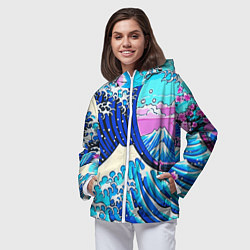 Ветровка с капюшоном женская Большая волна в Канагаве сакура, цвет: 3D-белый — фото 2