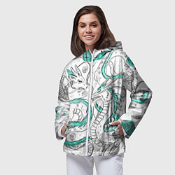 Ветровка с капюшоном женская Дракон Хаку в стиле тату: белый и бирюзовый паттер, цвет: 3D-белый — фото 2