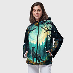 Ветровка с капюшоном женская Волк в ночном лесу фолк-арт, цвет: 3D-черный — фото 2