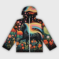 Ветровка с капюшоном женская Лошадка с радужной гривой в стиле фолк-арт, цвет: 3D-белый