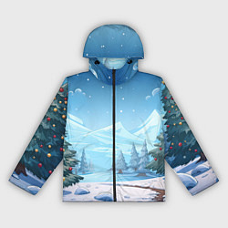 Ветровка с капюшоном женская Новогодний пейзаж с елками, цвет: 3D-черный
