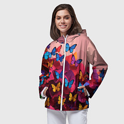 Ветровка с капюшоном женская Разноцветные бабочки - розовые цветы, цвет: 3D-белый — фото 2