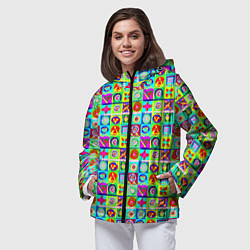 Ветровка с капюшоном женская Сердца и квадраты абстракция, цвет: 3D-черный — фото 2