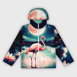 Ветровка с капюшоном женская Розовый фламинго на фоне луны, цвет: 3D-белый
