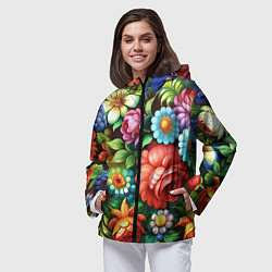 Ветровка с капюшоном женская Жостово роспись цветы традиционный узор, цвет: 3D-черный — фото 2