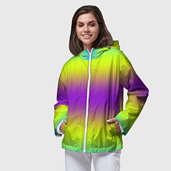 Ветровка с капюшоном женская Неоновые салатовые и фиолетовые полосы, цвет: 3D-белый — фото 2