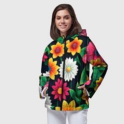 Ветровка с капюшоном женская Цветочный конtrast, цвет: 3D-черный — фото 2