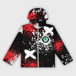 Ветровка с капюшоном женская Шкода на фоне граффити и брызг красок, цвет: 3D-белый