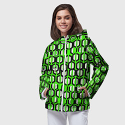 Ветровка с капюшоном женская Техно узор из шестиугольников зелёный, цвет: 3D-белый — фото 2