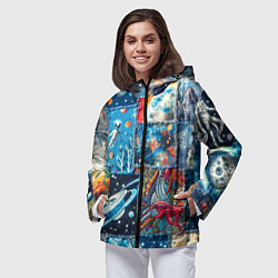 Ветровка с капюшоном женская Космические обитатели на дениме, цвет: 3D-черный — фото 2