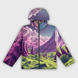 Ветровка с капюшоном женская Геометрический зеленый пейзаж и фиолетовые горы, цвет: 3D-черный