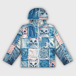 Ветровка с капюшоном женская Кошки на пэчворк джинсах паттерн, цвет: 3D-белый