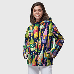 Ветровка с капюшоном женская Бутылки шампанского -вино водочный паттерн, цвет: 3D-черный — фото 2