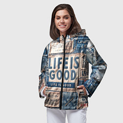 Ветровка с капюшоном женская Жизнь прекрасна- пэчворк, цвет: 3D-черный — фото 2
