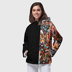 Ветровка с капюшоном женская Тату ирезуми дракона тигр лис и самурай, цвет: 3D-черный — фото 2