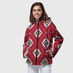 Ветровка с капюшоном женская Этнические ромбы на красном, цвет: 3D-черный — фото 2