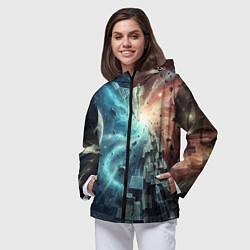 Ветровка с капюшоном женская Рождение новой планеты - неоновое свечение, цвет: 3D-черный — фото 2
