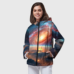 Ветровка с капюшоном женская Разноцветная далёкая галактика - неоновое свечение, цвет: 3D-черный — фото 2