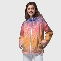 Ветровка с капюшоном женская Сине-оранжевый градиент с узором мандала, цвет: 3D-белый — фото 2