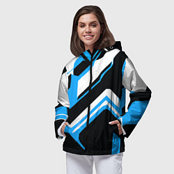 Ветровка с капюшоном женская Бело-голубые линии на чёрном фоне, цвет: 3D-черный — фото 2