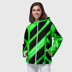 Ветровка с капюшоном женская Чёрно-белые полосы на зелёном фоне, цвет: 3D-белый — фото 2