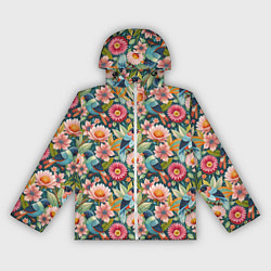 Ветровка с капюшоном женская Тропические птицы в цветах, цвет: 3D-белый
