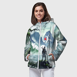 Ветровка с капюшоном женская Самурай на берегу горного озера - нейросеть, цвет: 3D-белый — фото 2