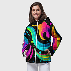 Ветровка с капюшоном женская Яркая неоновая абстракция - нейросеть, цвет: 3D-белый — фото 2