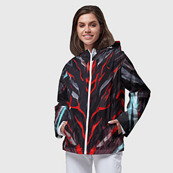 Ветровка с капюшоном женская Красные адские полосы на чёрном фоне, цвет: 3D-белый — фото 2