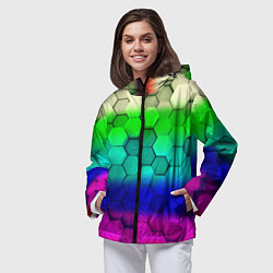 Ветровка с капюшоном женская Неоновая абстракция соты, цвет: 3D-черный — фото 2