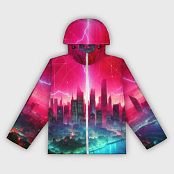 Ветровка с капюшоном женская Неоновая гроза в мегаполисе - удар молнии, цвет: 3D-белый