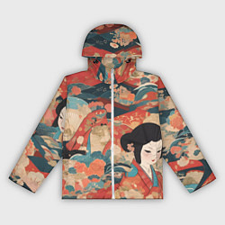 Ветровка с капюшоном женская Японский орнамент с девушкой, цвет: 3D-белый