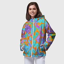 Ветровка с капюшоном женская Яркая абстракция цветы, цвет: 3D-белый — фото 2
