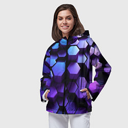 Ветровка с капюшоном женская Абстрактные трехмерные фиолетовые гексагоны, цвет: 3D-черный — фото 2