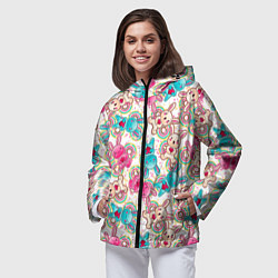 Ветровка с капюшоном женская Зайчики цветной паттерн, цвет: 3D-черный — фото 2