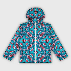 Ветровка с капюшоном женская Калейдоскопический узор из голубых и красных штрих, цвет: 3D-белый
