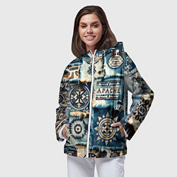 Ветровка с капюшоном женская Символы Апачи на пэчворк дениме, цвет: 3D-белый — фото 2
