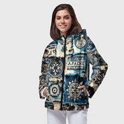 Ветровка с капюшоном женская Символы Апачи на пэчворк дениме, цвет: 3D-черный — фото 2