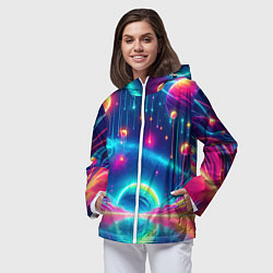 Ветровка с капюшоном женская Неоновый космос - нейроарт фантазия, цвет: 3D-белый — фото 2