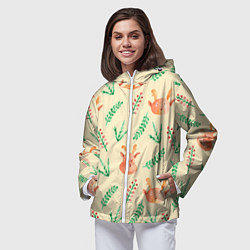 Ветровка с капюшоном женская Новогодний узор с оленями и веточками, цвет: 3D-белый — фото 2
